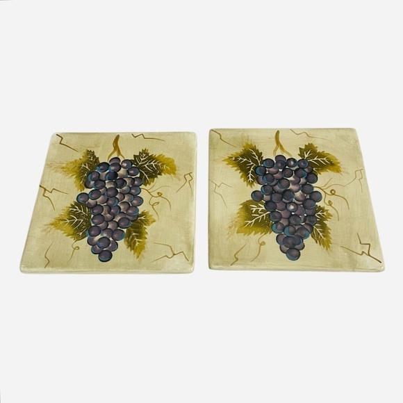 Pair of Tea Tiles Cabernet Tabletops Unlimited Hand Painted Ceramic Trivet Set - Picture 2 of 5
